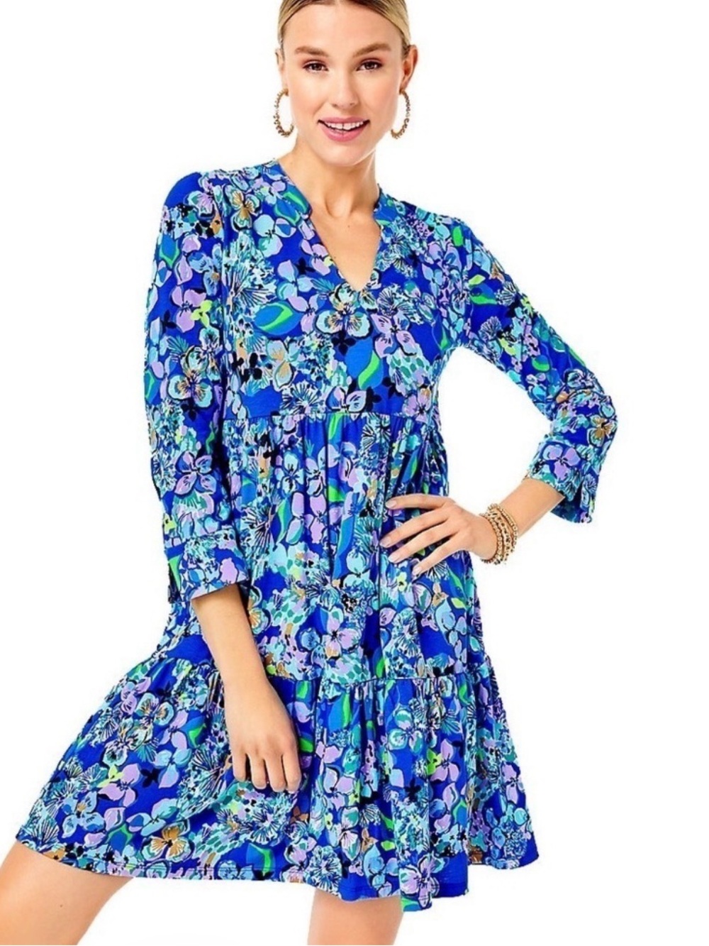Lilly Pulitzer Alaina Dress XXS Blue Grotto Twilight Tropics Floral Tiered